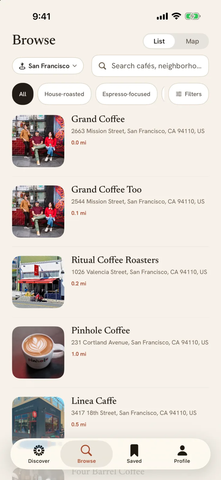 Browsing expert-picked cafés as a list
