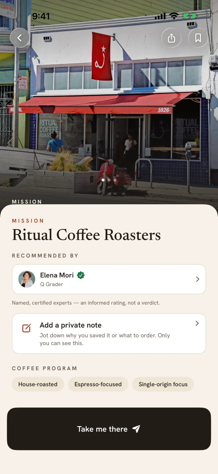 A café recommended by named coffee experts