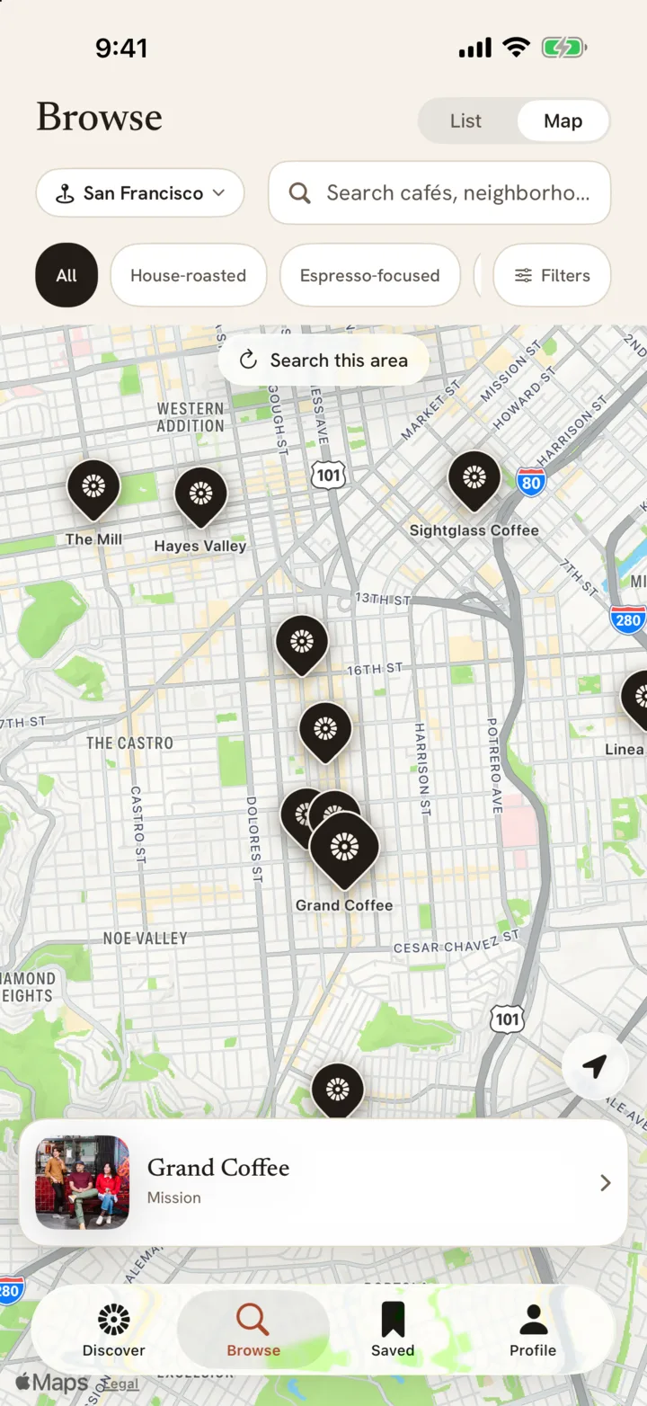 Expert-picked cafés on a San Francisco map