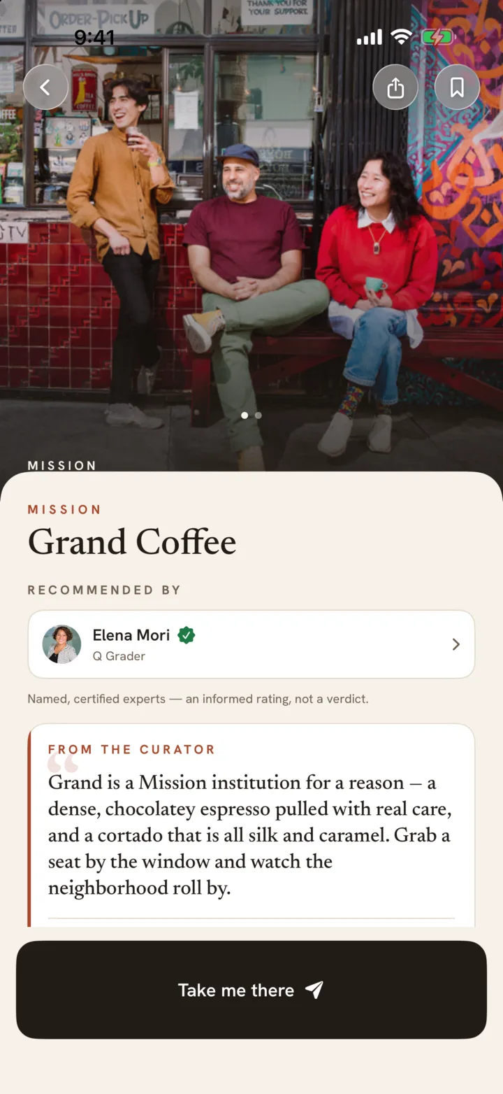 A café detail page with a named expert's note